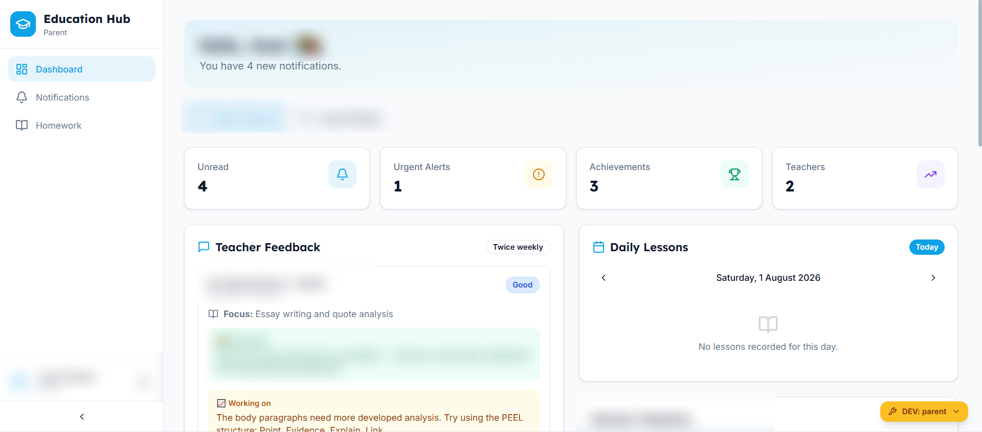 Parent dashboard